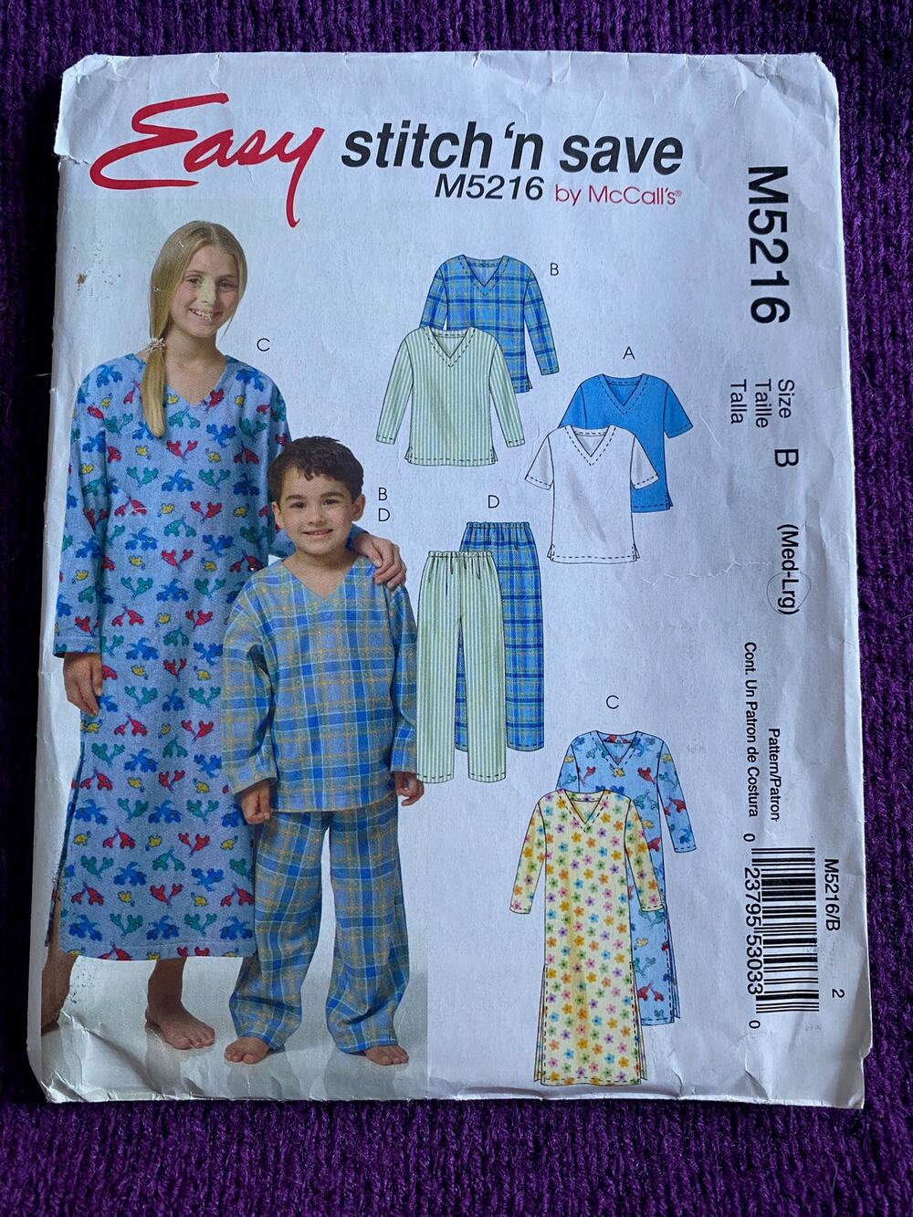 McCalls sewing pattern 5216 Kids nightshirt pajamas top pants